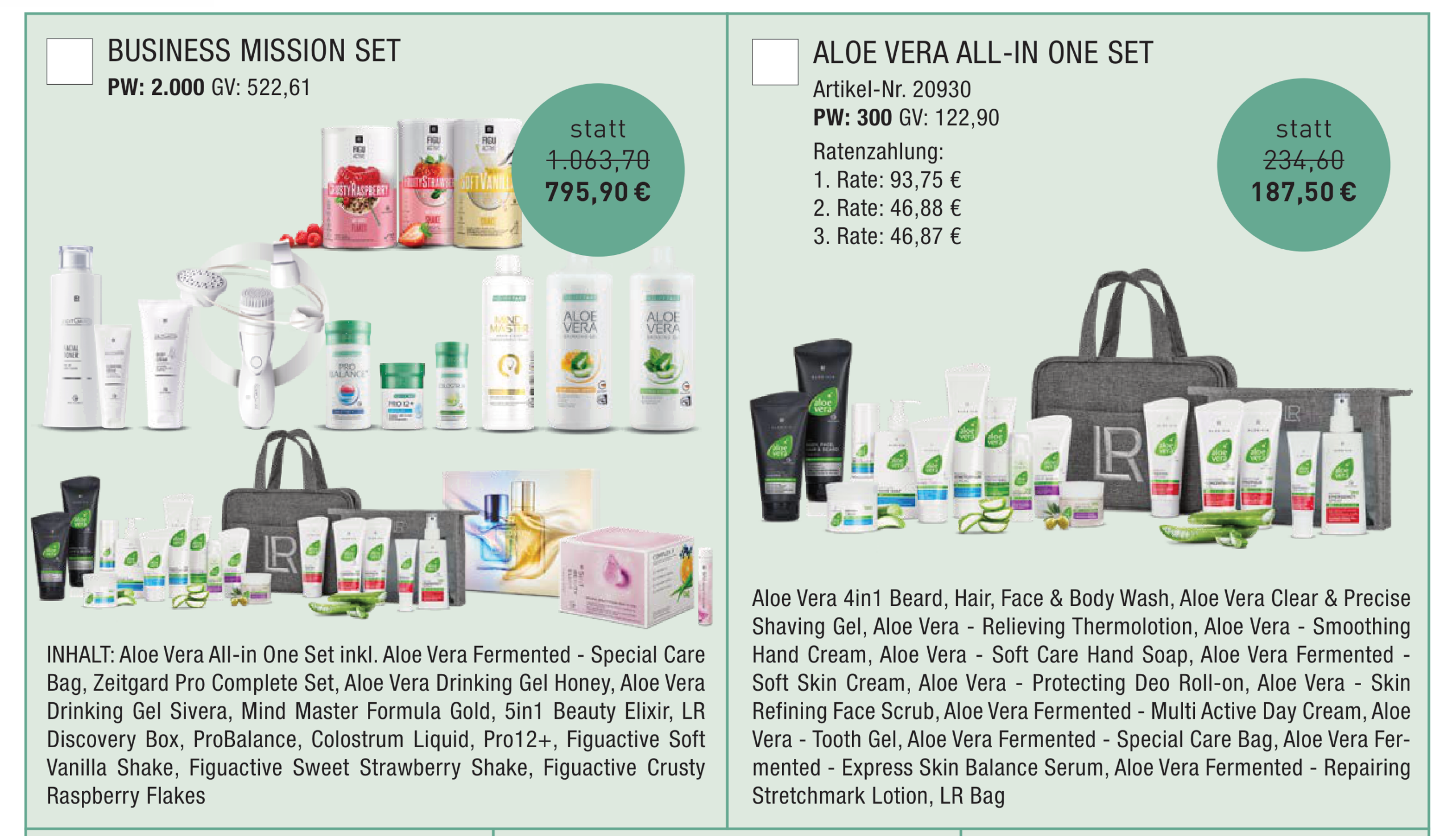 LR Startersets: Business Mission Set und Aloe Vera All-in-One Set
